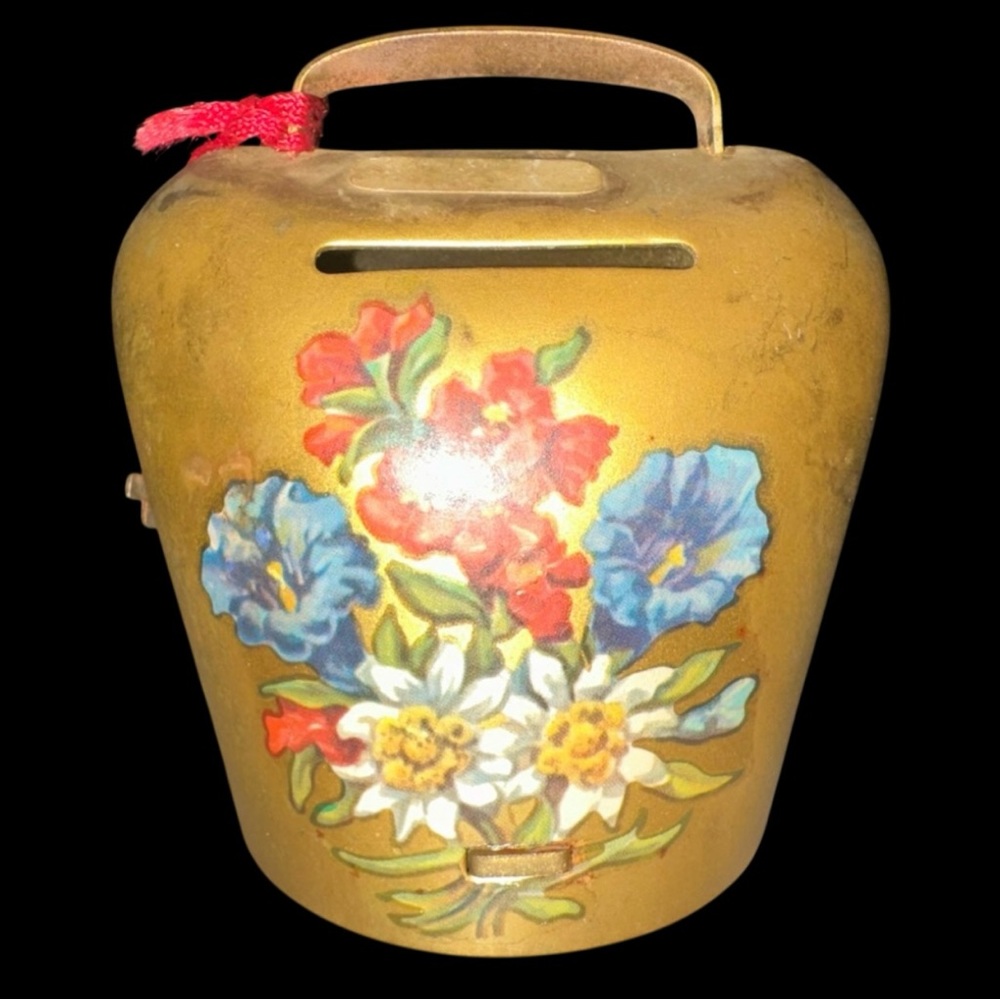 Vintage Brass‎ Cowbell Shapes Piggy Bank With Key Applied Floral